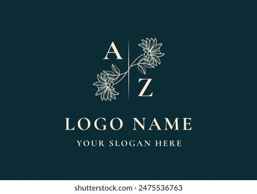 logo line flower branch with initial A Z. Logo floral, botanical, line handrawn. Editable file