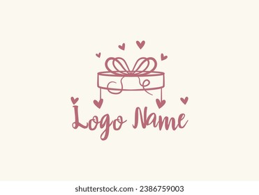 Logo Line Gift Box And Love Pink, Logo Invitation, Wedding, Gift. Logo Feminist, Simple Line. Editable File