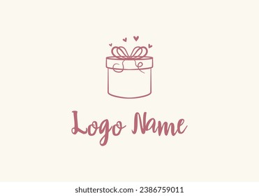 Logo Line Gift Box And Love Pink, Logo Invitation, Wedding, Gift. Logo Feminist, Simple Line. Editable File