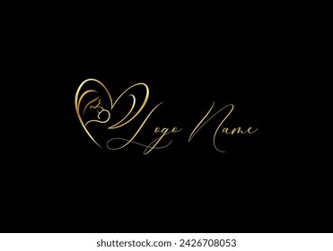 Logo Line Mom and Baby, Baby care and Love shape. Luxury, Gold, Elegant Concept. Editable Color