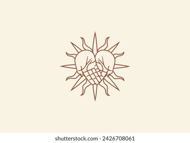 Logo Line Open Hand Looking Up or Asking or Pray With Sun concept, Sunshine, Spiritual Logo Concept. Boho, Line, handrawn logo design, editable color