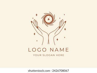 Logo Line Open Hand Looking Up or Asking or Pray With Spiral concept, Hole, Spiral Logo Concept. Boho, Line, handrawn logo design, editable color