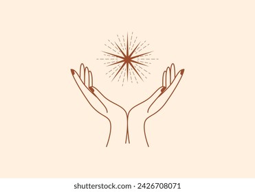 Logo Line Open Hand Looking Up or Asking or Pray With Spiritual concept, Stars, Spiritual Logo Concept. Boho, Line, handrawn logo design, editable color