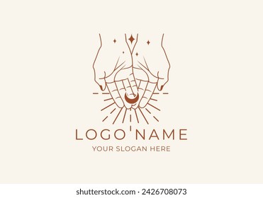 Logo Line Open Hand Looking Up or Asking or Pray With Spiritual concept, Moon, Stars, Spiritual Logo Concept. Boho, Line, handrawn logo design, editable color