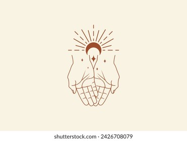 Logozeile Offene Hand Nachschlagen oder Beten mit spirituellem Konzept, Mond, Sternen, spirituellem Logokonzept. Boho, Line, handgezeichnetes Logo-Design, editierbare Farbe