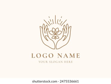 logo line pray hand with flower blossom. Logo botanical, floral, lineart. Editable file