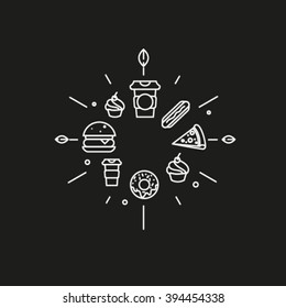 logo line products, meal, healthy eating, fast food, clock
