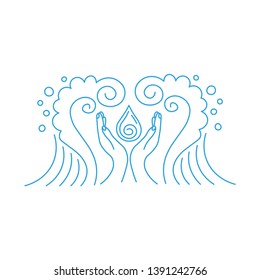 logo line. Two hands holding a drop of water. Two waves making a pattern around the hands and drops.