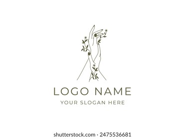 logo line two hands with vines flower. Logo botanical, beauty, floral. Editable file
