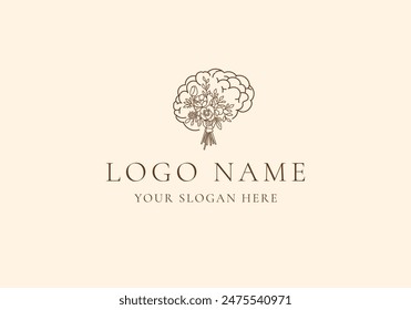 Logo Line wild flower bouquet and brain. Editable file