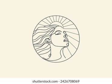 Logo Line Mujer forma de círculo de ojos cerrados con rayo de sol o sol. Boho, arte de línea, concepto de logotipo dibujado a mano. Color editable