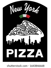 Logo With A Linear Image Of A Triangular Slice Of Pizza And The Inscription On A Black Plate. Drops Of Cheese Depict The Silhouette Of New York. On A White Background.