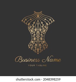 Logo for a lingerie boutique, wedding Studio, or fashion designer's salon. Vintage lace corset with gold line hearts