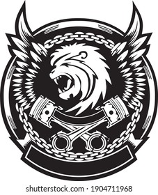 un logotipo con cabeza de león y plumas al estilo del arte vectorial