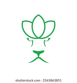 logo of a lion head with a lotus flower on top of its head in green. isolated on white background. can be used for spa, beauty logo