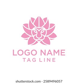 logo of a lion head with a lotus flower on top of its head. isolated on white background. can be used for spa, beauty logo