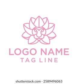 logo of a lion head with a lotus flower on top of its head. isolated on white background. can be used for spa, beauty logo