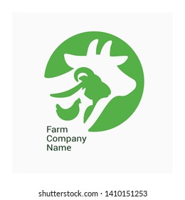 Logo for livestock company, stock raising. Round symbol with cow, pig, ram and chicken. Green sign for ranching. Vector illustration of farm animals. Label for Bio products, farmers fair or market.