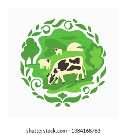 Logo for livestock or farming. Green vector illustration with farm animals on the meadow for print design or for label, badge, sticker, banner. Symbol of rustic landscape with cow and sheep