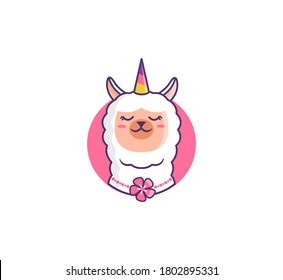 The logo llama alpaca. Funny unicorn in the circle on white background. Good for Family look prints, cloth designs, stickers, ads, etc. Funny vector illustration 