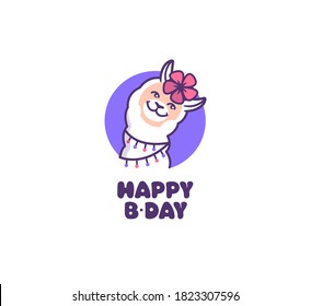 The logo llama is with a flower and a garland. Cartoonish character with lettering phrase - Happy B-day. Good for  birthday cards, stickers, posters, etc. This emblem is a vector illustration