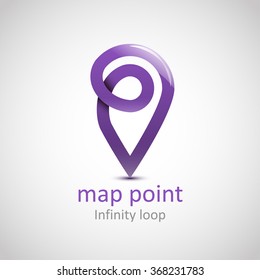 Logo Location map symbol vector design template. Geo point logotype. Looped impossible infinite shape geographic icon. Map pointer icon. GPS location symbol. EPS 10