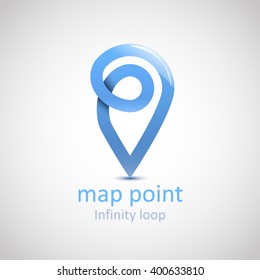 Logo Location map symbol vector design template. Geo point logotype. Looped impossible infinite shape geographic icon. Map pointer icon. GPS location symbol. EPS 10