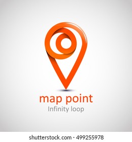 Logo Location map symbol vector design template. Geo point logotype. Looped impossible infinite shape geographic icon. Map pointer icon. GPS location symbol. EPS 10