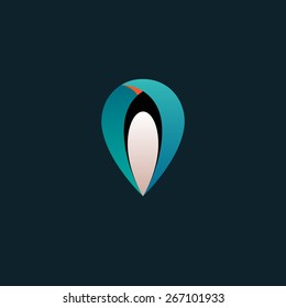 Logo Location Pin Map Symbol with Emperor Penguin. Geo Point Navigation Icon. Vector Design Template. 