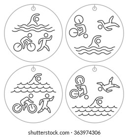 Logo and locket triathlon. Linear figure triathletes. Vector symbol swimming, cycling and running. Sport label and badge.