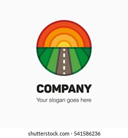 Logo for logistic company with the image of the landscape in a circle. Illustration of a landscape with the sun and the road in the circle