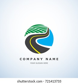 Logo for logistic company with the image of the landscape in a circle. Illustration of a landscape and the road in the circle.