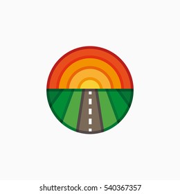 Logo for Logistics with the image of the landscape in a circle. Illustration of a landscape with the sun and the road in the circle