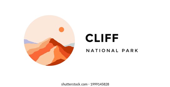 Logo, logotype, sign. Cliff, national park. Logo with abstract landscape mountain, sky and sunset view. Minimalist style landscape view, mountain, hill and sun. Abstract style. Vector Illustration