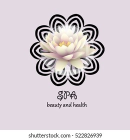 Logo lotus in a bubble. Lily flower in a drop of water on a background pattern mandala. Line length of Buddhism, yoga and spa salon. Vector illustration