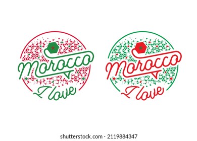 Logo I Love Morocco On Arabesque Shape Printed For T-shirt Clothing. Moroccan Flag. Typography Vector Illustration. Isolated Logo As A Rubber Stamp For T-shirt Mockup. Disintegration Effect.