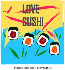 Logo "LOVE SUSHI".Vector logo, you can use to advertise a restaurant, sushi bar or website. Picture of small tuna rolls and green leaves on yellow and bluemarine background.