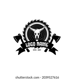 Logo for lumberjack and carpentry business and company. WIth animal head bone as wild, strong, gentle, and badass design style. Unique concept. Apply to web site brand, t shirt and apparel, decoration