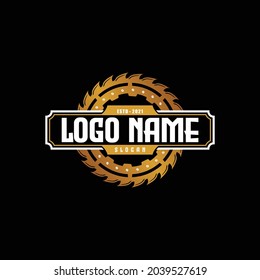 Logo for lumberjack and carpentry business and company. With saw machine, premium, luxury design style. For manufacture and wood supplier. Apply to web site brand, t shirt and apparel, decoration