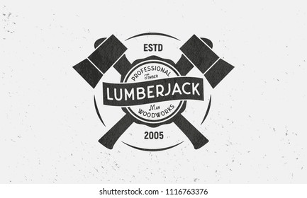 Logo of Lumberjack with crossed axes. Logo template. Grunge texture. Vector illustration