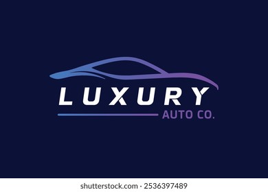 Un logotipo para una empresa de automóviles de lujo con un esquema de color azul y púrpura. 