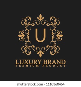 logo luxury with design element ornament, label, logo. made with golden luxury flower on ornament background