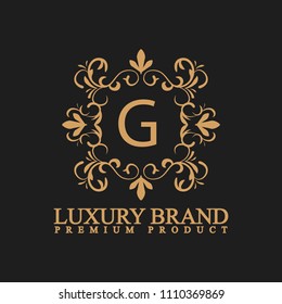 logo luxury with design element ornament, label, logo. made with golden luxury flower on ornament background