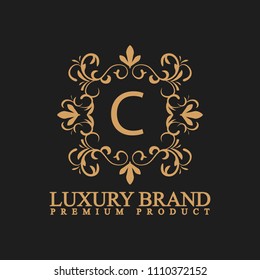 logo luxury with design element ornament, label, logo. made with golden luxury flower on ornament background