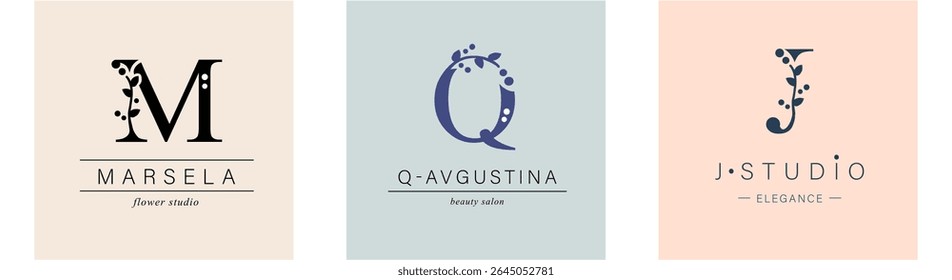 Logo M, capital letter Q, J. Monogram of Botanical Minimalistic, Initial. with Organic Plant Elements. Vector design. 