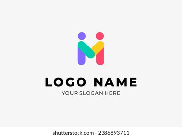 Logo M Handshaking Two People, Human and Letter M, Modern Minimalist and Colorful Logo Design. Editable File