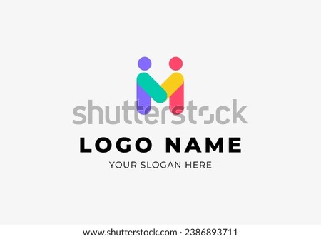 Logo M Handshaking Two People, Human and Letter M, Modern Minimalist and Colorful Logo Design. Editable File