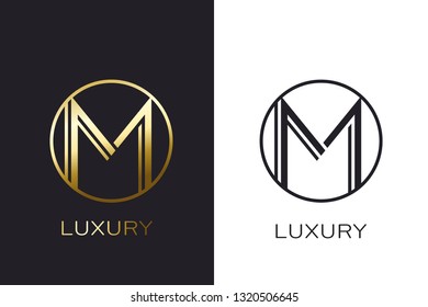 Logo M Monogram gold letter seal, mockup elegant business card. Vector Illustration