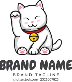 logo made from cute white cat mascot in the store, logo template.