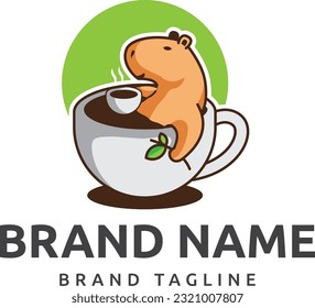 logo made from shape of capybara bathing in a cup of coffee holding coffee leaves, capybara logo template.